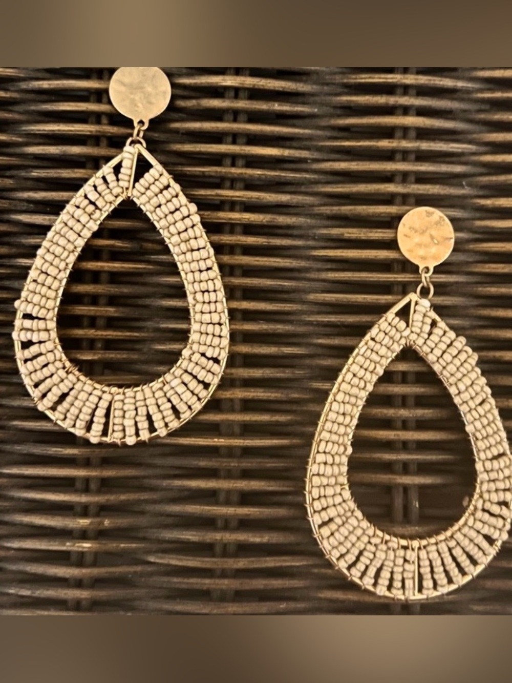 HandMade Seeded Beaded Teardrop Hoop Earrings Brazil 3.5”